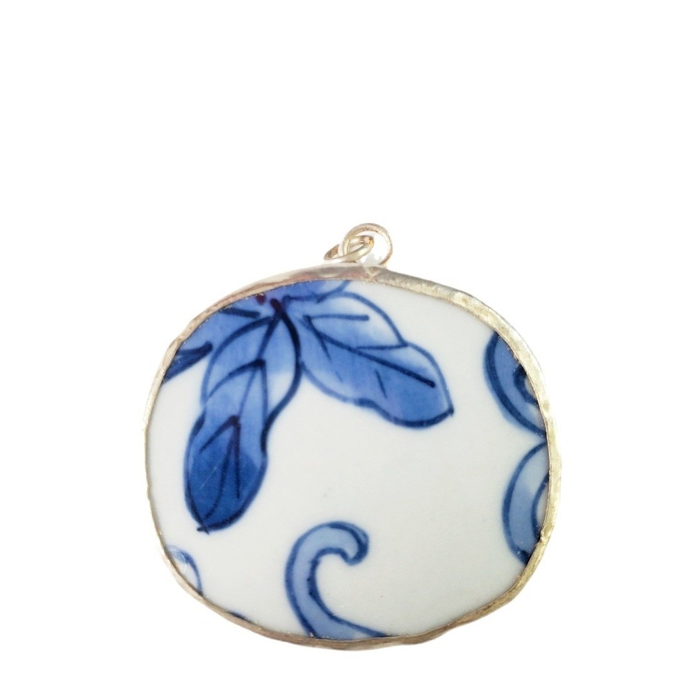 Vintage Porcelain Pottery Shard Pendant Ming Blue & White Floral Ceramic Jewelry